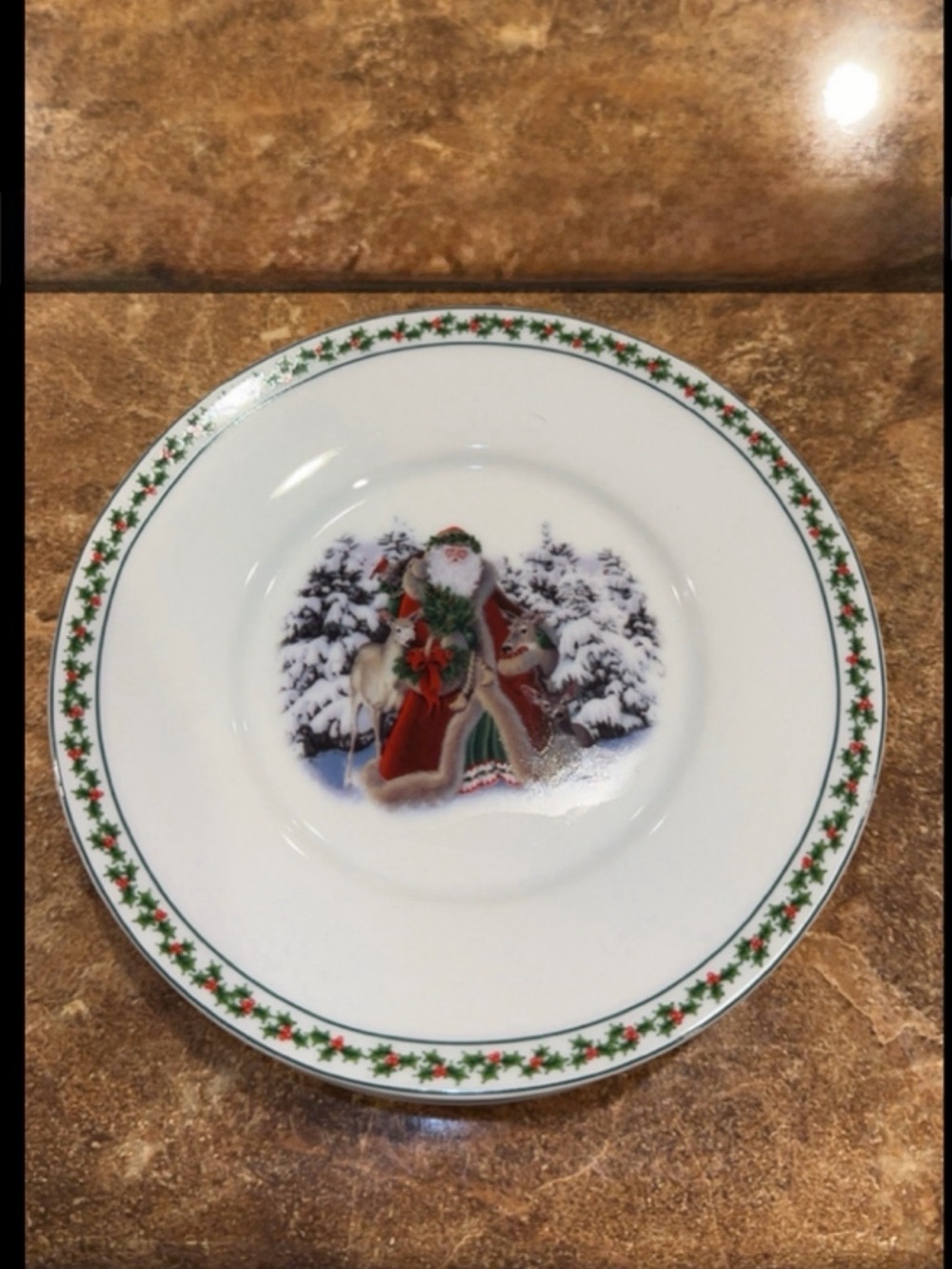 Vintage Santa Holiday Saucers set of four with Holly Border